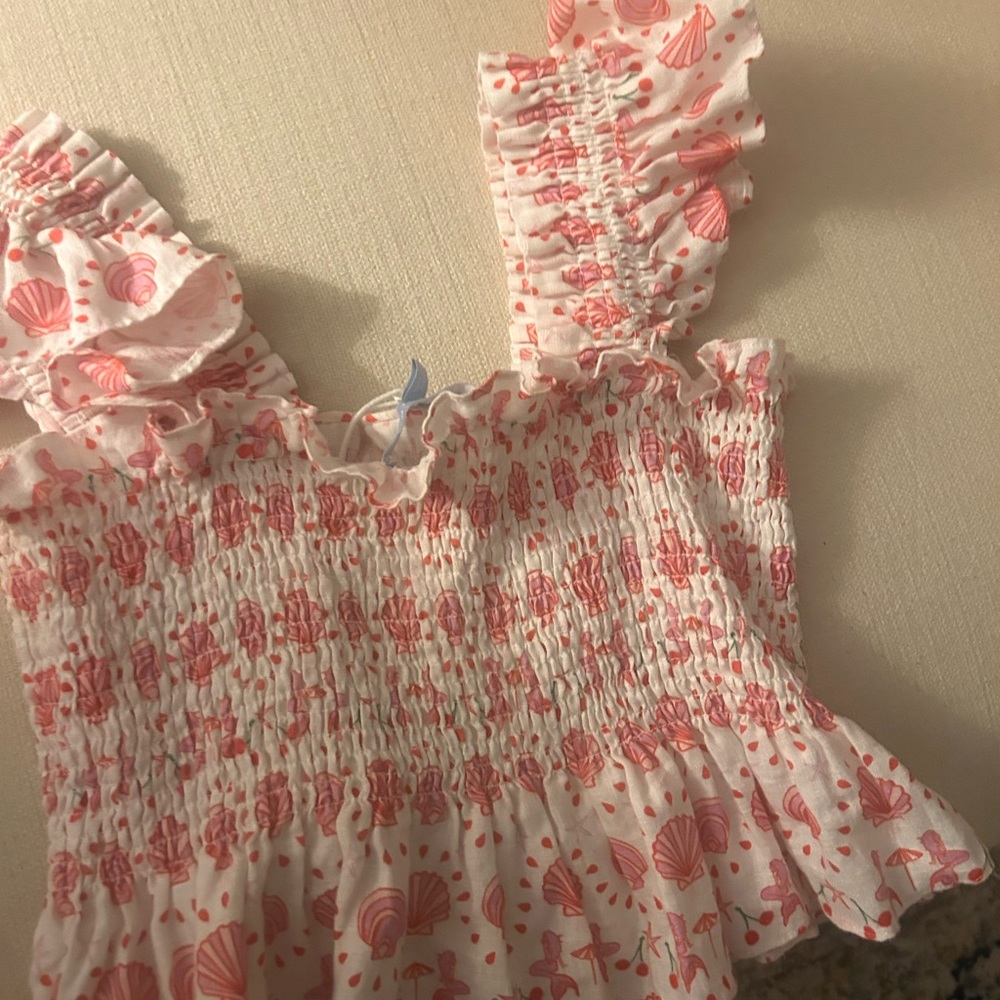 Hill House Pink Shell-Print Smocked Ruffle Top